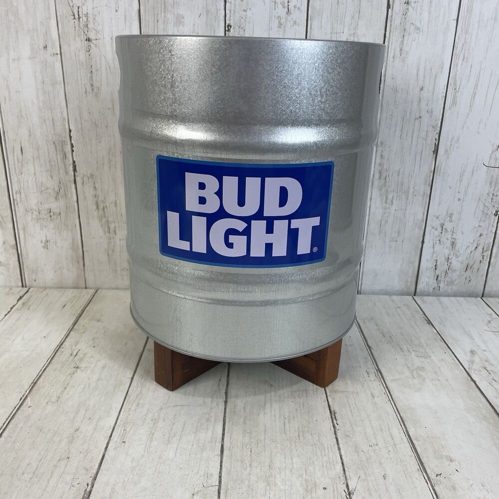 Bud Light Beer Ice Holder Metal Bucket Pony Keg W/ Wooden Stand - Rare!